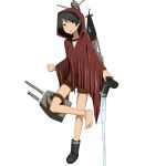  1girl bangs birii boots boots_removed brown_eyes brown_hair cannon coat hood hood_up kantai_collection leg_up mogami_(kantai_collection) pouring raincoat red_coat rigging rubber_boots school_uniform serafuku short_hair shorts sketch wet white_background 