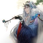  1boy blurry depth_of_field drenbof fur_trim highres holding_pipe kiseru lin_xue_ya lips long_hair looking_at_viewer male_focus parted_lips pipe ponytail red_eyes smile solo thunderbolt_fantasy upper_body white_hair 