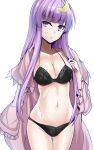  1girl :/ bangs bikini black_bikini blunt_bangs breasts cleavage closed_mouth collarbone commentary_request cowboy_shot crescent crescent_hair_ornament groin hair_ornament halter_top halterneck highres large_breasts long_hair long_sleeves looking_at_viewer navel no_hat no_headwear pajamas patchouli_knowledge purple_hair sidelocks solo stomach swimsuit thigh_gap touhou undressing violet_eyes white_background wide_sleeves y2 
