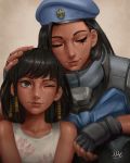  2016 2girls ana_(overwatch) armor bangs bare_shoulders beret black_gloves black_hair blue_hat blue_jacket bodysuit brown_eyes brown_lipstick child closed_eyes coat collarbone dark_skin dated dress eye_of_horus eyelashes eyeliner facial_mark facial_tattoo fingerless_gloves fingernails floral_print gloves hand_on_another&#039;s_head hands_on_another&#039;s_head hat highres jacket lipstick long_hair makeup military military_uniform mirco_cabbia mother_and_daughter multiple_girls one_eye_closed open_clothes open_coat overwatch pharah_(overwatch) short_hair signature sleeveless sleeveless_dress sleeves_rolled_up smile tattoo uniform younger 