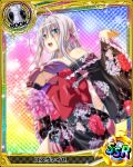  1girl artist_request blue_eyes blush breasts card_(medium) character_name chess_piece covered_nipples gradient gradient_background hair_between_eyes hair_ribbon high_school_dxd japanese_clothes kimono large_breasts long_hair official_art rainbow_background ribbon rook_(chess) rossweisse runes silver_hair solo sparkle trading_card very_long_hair 