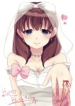  1girl bare_shoulders blue_eyes bow breasts bridal_veil brown_hair cleavage dress idolmaster idolmaster_cinderella_girls looking_at_viewer red_string sakuma_mayu short_hair simple_background smile solo strapless strapless_dress string veil wedding_dress white_dress yahagi_(yui1251) 