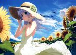  1girl absurdres bare_shoulders blue_eyes blue_hair blush bracelet breasts clouds dress flower from_side hand_on_headwear hat head_tilt hibiki_(kantai_collection) highres honjou_masato jewelry kantai_collection long_hair looking_at_viewer outdoors parted_lips scan sky sleeveless sleeveless_dress small_breasts solo straw_hat sun_hat sundress sunflower white_dress wind 