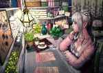  1girl braid breasts buttons cleavage commentary_request cup curtains highres indoors jewelry kalua_(artist) lamp leaf light long_hair medium_breasts original photo_(object) pink_sweater plant potted_plant profile saucer silver_hair sitting solo sweater teacup 