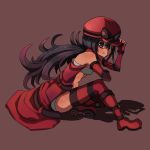  1girl bare_shoulders black_hair boots borokuro brown_eyes elbow_gloves fingerless_gloves full_body gloves goggles goggles_on_headwear hat highres krookodile long_hair looking_at_viewer midriff open_mouth personification pokemon red_boots red_cape red_gloves red_hat red_legwear shadow sitting solo striped striped_legwear thigh-highs 