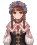  1girl braid brown_eyes corset expressionless eyelashes flower freckles isakawa_megumi jewelry lips looking_at_viewer necklace redhead solo twin_braids wreath 