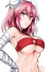  1girl alternate_costume armpits bandaged_arm bikini breasts bun_cover cleavage commentary_request double_bun hair_bun hand_on_hip highres ibaraki_kasen large_breasts looking_at_viewer navel o-ring_bikini parted_lips pink_eyes pink_hair red_bikini short_hair solo stomach swimsuit touhou under_boob upper_body white_background y2 