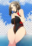  1girl :&lt; ass between_breasts between_thighs blue_eyes breasts brown_hair chain-link_fence competition_swimsuit covered_navel crossed_legs fence highres looking_at_viewer manabebebe one-piece_swimsuit original sitting solo swimsuit twintails wet 