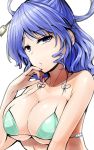  1girl :/ alternate_costume bikini blue_eyes blue_hair breasts cleavage closed_mouth collarbone commentary_request drill_hair green_bikini hair_ornament hair_rings hair_stick halter_top halterneck highres kaku_seiga large_breasts looking_at_viewer micro_bikini nail_polish purple_nails solo swimsuit touhou twin_drills under_boob upper_body white_background y2 