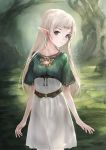  1girl belt blonde_hair blue_eyes breasts elf forest jellybox long_hair nature pointy_ears small_breasts solo tree 
