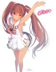  1girl arm_up armpits bare_arms bare_legs bare_shoulders bow brown_eyes brown_hair closed_mouth commentary_request dress eyebrows eyebrows_visible_through_hair hair_ribbon highres kantai_collection libeccio_(kantai_collection) light_smile looking_at_viewer looking_up one_eye_closed ribbon sailor_dress simple_background sleeveless solo striped striped_bow tebi_(tbd11) twintails white_background 