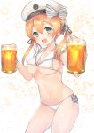  1girl :d alcohol anchor_hair_ornament beer beer_mug bikini blonde_hair blue_eyes breasts cosplay hair_ornament hair_ribbon hat kantai_collection long_hair open_mouth peaked_cap prinz_eugen_(kantai_collection) ribbon sailor_bikini sailor_collar smile solo suzuho_hotaru swimsuit twintails under_boob white_bikini white_hat z3_max_schultz_(kantai_collection) z3_max_schultz_(kantai_collection)_(cosplay) 