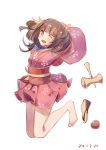  14p 1girl ;d arms_behind_head arms_up barefoot bent_knees blue_ribbon blush brown_eyes brown_hair floral_print full_body hair_ribbon japanese_clothes kendama kimono koutetsujou_no_kabaneri looking_at_viewer mumei_(kabaneri) neck_ribbon obi one_eye_closed open_mouth ribbon sandals_removed sash short_kimono smile solo two_side_up white_background yellow_ribbon 