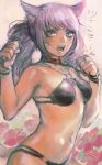  animal_ears bikini breasts cat_ears fang fighting_stance final_fantasy final_fantasy_xiv flower miqo&#039;te navel open_mouth pink_eyes pink_hair sugoi_kome swimsuit twintails 