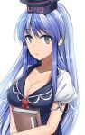 1girl :o blue_dress blue_hair blush book breasts cleavage collarbone commentary_request dress grey_eyes hat highres holding holding_book kamishirasawa_keine large_breasts long_hair looking_at_viewer multicolored_hair short_sleeves silver_hair solo touhou two-tone_hair upper_body white_background y2 