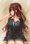  1girl blush breasts brown_eyes brown_hair chin_hold grey_skirt idolmaster idolmaster_cinderella_girls large_breasts legs_together long_hair looking_to_the_side necktie school_uniform shibuya_rin_(cosplay) shimamura_uzuki sitting skirt sleeves_past_wrists solo_focus tarachine 