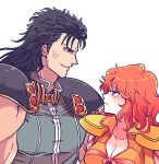  1boy 1girl anger_vein black_hair breasts cleavage height_difference hokuto_no_ken large_breasts mamiya mayuzumi muscle orange_hair red_eyes rei_(hokuto_no_ken) shoulder_pads smile upper_body violet_eyes wavy_mouth 