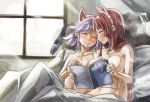  2girls ^_^ animal_ears bare_shoulders bed breast_hold cat_ears closed_eyes clothes_removed couple flat_chest grin hairband hong_meiling izayoi_sakuya long_hair multiple_girls navel notebook nude on_bed redhead short_hair silver_hair smile touhou translation_request twintails window yohane yuri 