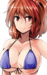  1girl alternate_costume bikini blue_bikini breasts cleavage closed_mouth collarbone commentary_request front-tie_bikini front-tie_top hair_bobbles hair_ornament highres large_breasts looking_at_viewer micro_bikini onozuka_komachi red_eyes redhead smile solo swimsuit touhou two_side_up under_boob upper_body white_background y2 