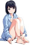  1girl bad_feet black_eyes black_hair blush breasts cleavage highres leg_hug looking_at_viewer matsunaga_kouyou original pajamas pointing short_hair simple_background solo white_background 