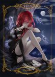  androgynous black_gloves character_name colorbone elbow_gloves full_body gloves highres houseki_no_kuni long_hair moon nail_polish night red_eyes red_nails redhead shinsha_(houseki_no_kuni) shorts solo 
