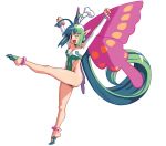  1girl absurdly_long_hair anklet antenna_hair arms_up bracelet breasts butterfly_wings cleavage clenched_hands earrings fairy full_body green_hair hair_slicked_back highleg highleg_leotard jewelry la_pucelle leotard long_hair mamelon official_art one_eye_closed open_mouth pantyhose pointy_ears ryoji_(nomura_ryouji) solo very_long_hair wings 