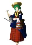  1girl alternate_costume amibazh costume_request full_body green_hair hat kazami_yuuka light_smile looking_at_viewer plaid red_eyes sandals scarf short_hair solo straw_hat toes touhou transparent_background watering_can yellow_scarf 