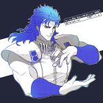  1boy blue_hair halftone hokuto_no_ken limited_palette male_focus mayuzumi muscle red_eyes rei_(hokuto_no_ken) shoulder_pads solo translation_request twitter_username upper_body wristband 