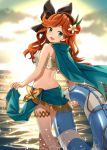  1girl :d ass back blue_eyes bow brown_hair cloak granblue_fantasy hair_bow hairband hood hooded_cloak horizon hyuuga_azuri innertube long_hair looking_at_viewer looking_back ocean open_mouth partially_submerged sara_(granblue_fantasy) sarong smile solo sparkle sunrise swimsuit walking 