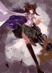  &gt;:( 14p 1girl arm_cannon bird_wings black_hair black_legwear black_shoes black_wings bow cape dated foreshortening green_bow green_skirt hair_bow kneehighs long_hair looking_at_viewer looking_back red_eyes reiuji_utsuho shirt shoes short_sleeves skirt solo touhou weapon white_shirt wings 