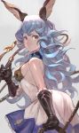  1girl animal_ears arched_back arm_at_side bare_shoulders beltskirt black_gloves blue_hair blue_skirt breasts dress earrings erun_(granblue_fantasy) ferry_(granblue_fantasy) from_behind gloves granblue_fantasy hair_between_eyes highres holding holding_weapon hoop_earrings jewelry lack long_hair looking_at_viewer medium_breasts open-back_dress rabbit_ears serious sideboob single_earring skirt solo upper_body wavy_hair weapon whip yellow_eyes 