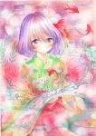  1girl acrylic_paint_(medium) blush bow dated fish flower goldfish hair_bow hair_flower hair_ornament hieda_no_akyuu japanese_clothes light_particles looking_at_viewer marker_(medium) mosho purple_hair scroll short_hair signature silhouette smile solo touhou traditional_media violet_eyes water watercolor_(medium) 