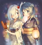  2girls absurdres blue_eyes blue_hair blush breasts corn cotton_candy double_bun eating flower food hair_flower hair_ornament hair_over_one_eye hairclip hamakaze_(kantai_collection) highres ikayaki japanese_clothes kantai_collection kimono lantern looking_at_another looking_to_the_side mask_on_head multiple_girls obi open_mouth paper_lantern sash short_hair silver_hair squid urakaze_(kantai_collection) wide_sleeves yukata zuho_(vega) 