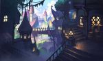  1girl animal_ears banner blurry bridge building bush city cityscape clouds commentary crescent_moon dark depth_of_field doora_(dora0913) fantasy highres lantern light looking_afar moon original railing robe scenery short_hair sky solo stairs tree 