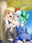  2girls ;d araki_(qbthgry) ass black_legwear blonde_hair blue_eyes blue_hair bow cirno dress fang grin hair_bow hair_ribbon hug multiple_girls one_eye_closed open_mouth profile red_eyes ribbon rumia short_hair smile thigh-highs touhou tree yuri 