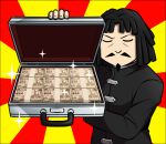  1boy abyssal_admiral_(kantai_collection) admiral_suwabe black_hair black_jacket briefcase closed_eyes facial_hair goatee hairlocs jacket kantai_collection kei-suwabe lowres macedonian_flag money mustache short_hair sketch sunburst upper_body 