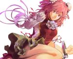  1girl bandages bun_cover chinese_clothes cuffs double_bun highres ibaraki_kasen parted_lips pink_eyes pink_hair ruukii_drift shackles solo tabard teeth thighs touhou white_background 