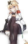  1girl absurdres anchor animal animal_on_head black_cat black_gloves black_legwear blonde_hair blue_eyes blush breasts capelet cat cat_on_head cat_teaser celtic_knot gloves graf_zeppelin_(kantai_collection) hair_between_eyes highres impossible_clothes jacket kantai_collection large_breasts looking_at_viewer military military_uniform miniskirt moyoron no_hat no_headwear pantyhose sidelocks simple_background skirt tsurime twintails uniform wavy_mouth white_background 