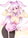  1girl animal_ears bare_shoulders black_legwear blush bow bowtie breasts bunny_girl bunnysuit cleavage covered_navel cu-no detached_collar fake_animal_ears female heart kikyou-0423 leotard long_hair looking_at_viewer open_mouth original pantyhose paw_pose purple_hair rabbit_ears simple_background solo twitter_username violet_eyes white_background wrist_cuffs yayoi_sakura 