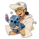  1boy alien baseball_cap black_hair carrying crossover dark_skin disney facial_hair flower goatee hat kiri_futoshi kukui_(pokemon) labcoat lilo_&amp;_stitch male_focus pokemon pokemon_(game) pokemon_sm signature simple_background sleeves_rolled_up smile stitch_(lilo_&amp;_stitch) sunglasses upper_body white_background 