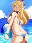  ass atago_(kantai_collection) ball beachball bikini blonde_hair breasts clouds green_eyes highres kantai_collection large_breasts looking_at_viewer looking_back ocean one_eye_closed sideboob sky sling_bikini swimsuit thong_bikini water 