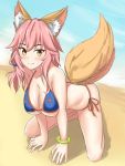  1girl all_fours animal_ears bikini blush breasts cleavage collarbone fate/extra fate/grand_order fate_(series) fox_ears fox_tail highres large_breasts looking_at_viewer misty_(971550504) pink_hair sand smile solo swimsuit tail tamamo_(fate)_(all) tamamo_no_mae_(swimsuit_lancer)_(fate) underboob yellow_eyes 