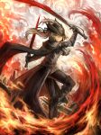  1girl blood bloodborne bloody_weapon bolt0002 coat dual_wielding fire grey_hair hat hat_feather highres lady_maria_of_the_astral_clocktower looking_at_viewer ponytail red_eyes smile solo sword the_old_hunters tricorne weapon 