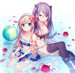  2girls ball bikini black_legwear blue_eyes breasts card cleavage collarbone commentary_request flower hair_between_eyes hair_flower hair_ornament hairband hijiri_(resetter) light_brown_hair long_hair looking_at_viewer multiple_girls navel original parted_lips partially_submerged petals playing_card purple_hair rose sitting swimsuit thigh-highs two_side_up violet_eyes 