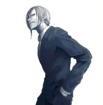  1boy black_suit commentary_request formal grey_eyes grey_hair hands_in_pockets kei-suwabe looking_at_viewer male_focus monochrome original profile shirt short_hair simple_background sketch sneer suit white_background white_shirt 
