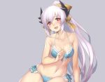  1girl :d arm_support bare_arms bare_shoulders bikini blue_bikini blue_ribbon bow breasts cleavage collarbone dark_skin earrings fate/grand_order fate_(series) frilled_bikini frills front-tie_bikini front-tie_top grey_background hair_bow heart heart-shaped_pupils horns jewelry kiyohime_(fate/grand_order) lavender_hair long_hair looking_at_viewer medium_breasts navel open_mouth oukawa_yuu ponytail red_eyes ribbon side-tie_bikini silver_hair simple_background sitting smile solo stomach swimsuit symbol-shaped_pupils teeth thighs very_long_hair yellow_bow yokozuwari 