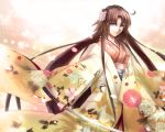  1girl alternate_hairstyle brown_hair fate/grand_order fate_(series) flower hair_flower hair_ornament japanese_clothes kara_no_kyoukai katana kimono long_hair multicolored_eyes obi ryougi_shiki sash smile solo sword syezo-aruru weapon wide_sleeves 