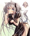  1girl animal_ears arched_back blue_eyes blush breasts cat_ears cat_tail collar dress hair_ornament hair_ribbon highres large_breasts long_hair looking_at_viewer mabinogi nao_(mabinogi) ribbon silver_hair solo standing tail tied_hair twintails usamata 