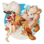  1girl arcanine barefoot bikini blue_eyes brown_hair dog female_protagonist_(pokemon_go) highres jacket long_hair nemoto_yuuma pokemon pokemon_(creature) pokemon_go red_bikini swimsuit upper_teeth visor_cap 