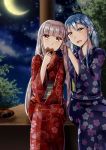 2girls :d adjusting_hair alternate_costume alternate_hairstyle blue_hair crescent_moon eating floral_print food_in_mouth fujiwara_no_mokou full_moon hand_in_another&#039;s_hair hand_on_lap highres japanese_clothes kamishirasawa_keine kimono leaning_over long_hair looking_at_another low_twintails moon multiple_girls night night_sky obi open_mouth outdoors sash satomi_nori senbei sidelocks silver_hair sitting sky smile star_(sky) touhou tray tree twintails tying_hair very_long_hair yellow_eyes yukata 